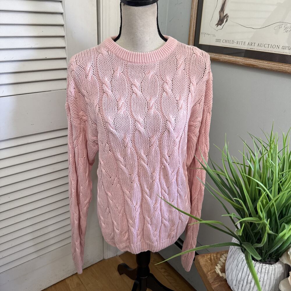 Vintage French Navy Sweater Womens XL Pink Chunky Cable Knit Pullover Retro 90s